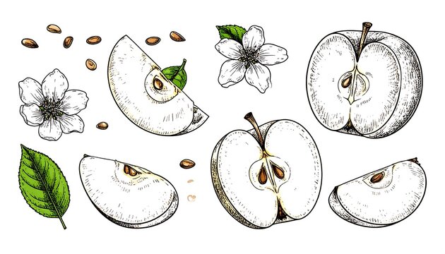 Hand-drawn apple illustration with seeds, flowers and leaves isolated - Powered by Adobe