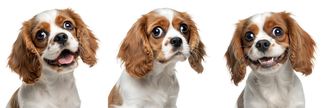 Adorable cavalier king charles spaniels with expressive faces, brown and white fluffy dogs isolated on transparent background