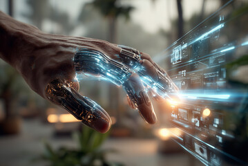 Futuristic business technology concept with diverse professionals using artificial intelligence, holographic data visualization, digital innovation, modern workspace, AI and human collaboration