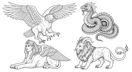 Fototapeta premium Mythical creature lineup: Griffin, dragon, sphinx, and chimera line art