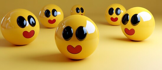 Obraz premium A group of 3D emoticon balls with heart-shaped eyes and smiling faces arranged in a scattered formation on a yellow surface viewed from a slightly elevated angle