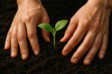 Hands planting a small green seedling in dark soil during daylight, showcasing the process of nurturing new life in a garden setting