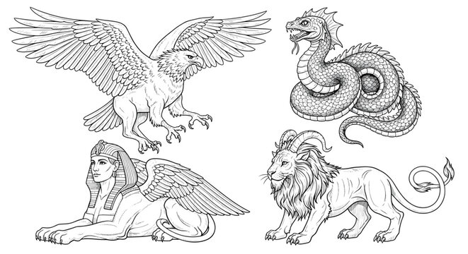 Mythical creature lineup: Griffin, dragon, sphinx, and chimera line art