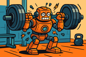 Illustration challenge weightlifting effort gym lifting weights robot popping heavy vector out