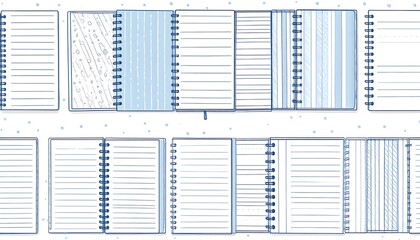 Hand-drawn notebooks with lined and patterned pages in a light blue theme