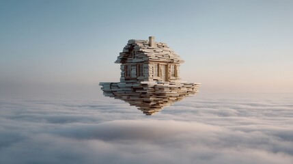 House made of stacked books floating above clouds, symbolizing knowledge, learning, and literary dreams