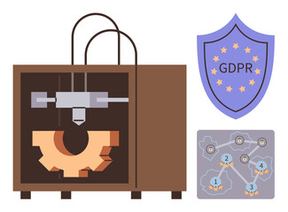 3D printer creating a gear, GDPR compliance shield, and data mapping diagram. Ideal for technology, innovation, data protection, manufacturing, regulations data flow cybersecurity. Simple flat