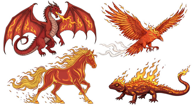 Fiery Mythical Creatures Collection: Dragon, Phoenix, Horse, Salamander Illustration