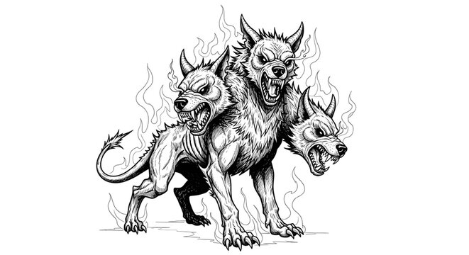 Three-headed hellhound illustration with menacing red eyes and flames.