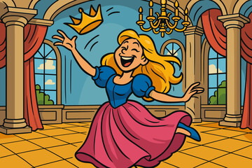 Fototapeta premium Her vector tossing dancing illustration dance ballroom laughing into crown princess