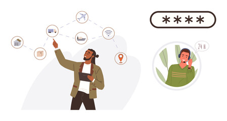 Person pointing at interconnected services including delivery, shopping, and wireless. Call center agent providing 247 support with password security. Ideal for technology, logistics, network