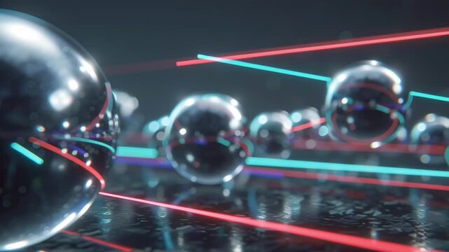 Floating chrome spheres cross laser‑lit space; metallic reflections, deep contrast and neon beams; bold loop for Cyber Monday sales, tech promos and headers