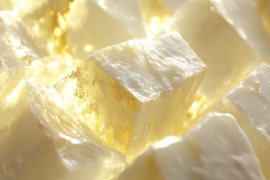 Sparkling golden squares of crystal candy glisten in soft light, showcasing their unique texture and luxurious appearance