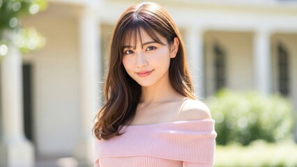 洋館の前でまっすぐこちらを見つめて微笑む若い女性