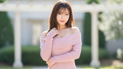 庭でリラックスしたポーズでこちらを見つめる若い女性