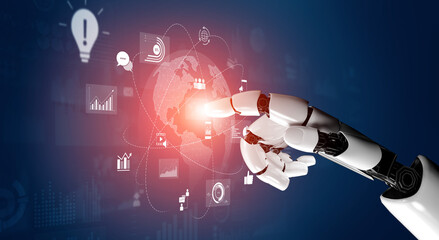 AI managing global digital marketing, optimizing communication, analyzing data trends, and automating content delivery across diverse online networks. Vouch