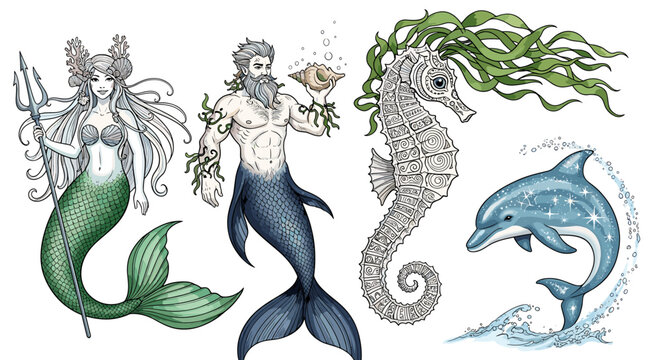Whimsical Underwater Kingdom: Mermaid, Merman, Seahorse, and Dolphin Art