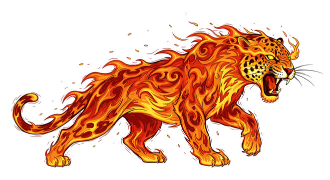Fiery Leopard Illustration: Majestic Feline Aglow with Energetic Flames