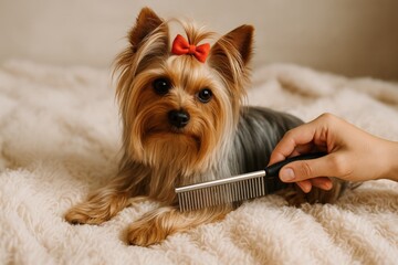 Yorkshire Terrier receives grooming with care in cozy indoor space on soft blanket during calm afternoon