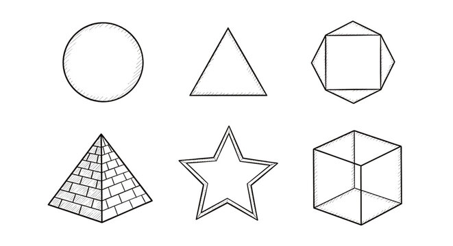 Geometric shapes sketch: Circle, triangle, square, pyramid, star and cube.