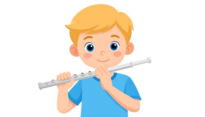 Illustration of a Boy Playing the Flute, Music Instrument and Smiling