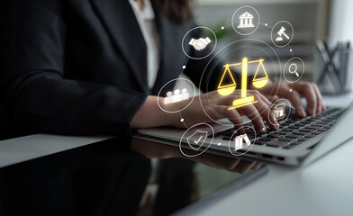 Obraz premium Justice system ensures legal governance and fairness. Justice system protects rights, system upholds laws, justice ensures order, and justice system delivers judgment. Latch