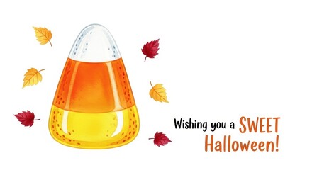 Candy corn illustration with autumn leaves for Halloween celebration  