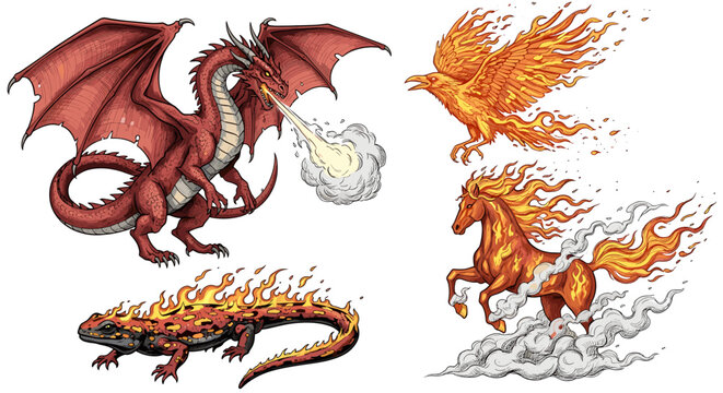 Mythical fire beasts art illustration of dragon, phoenix, salamander, and horse