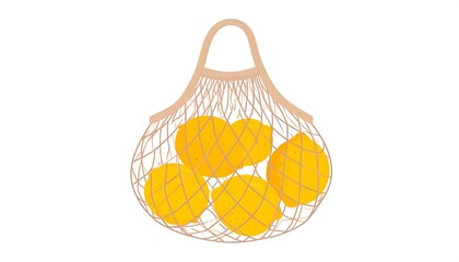 Illustration of a Mesh Bag Filled with Fresh, Ripe Lemons on a White Background