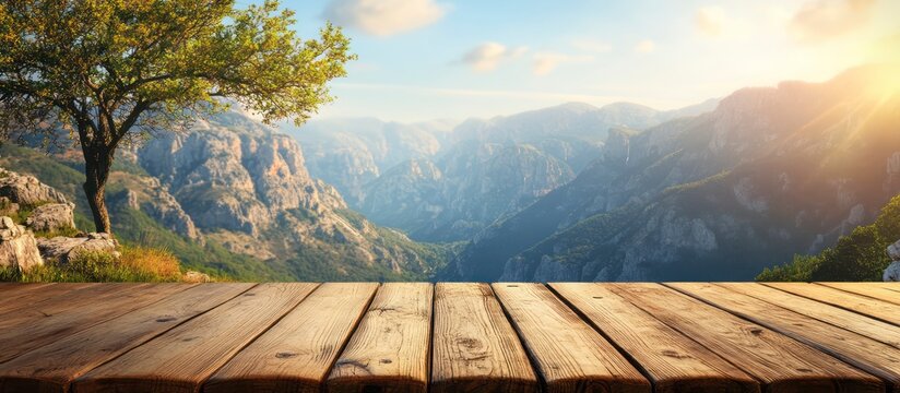 Empty wooden picture frame mockup hanging on wall in serene mountain landscape with tree and distant mountains under bright sky