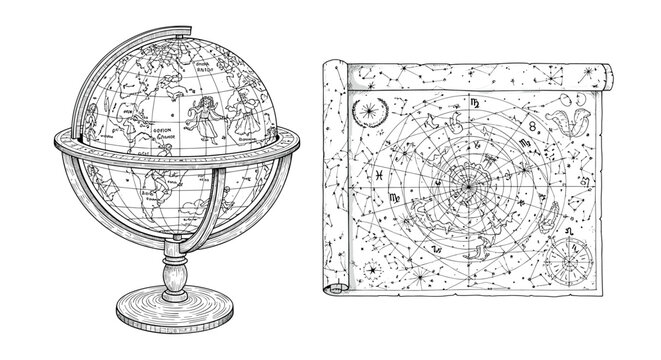 Vintage celestial globe and unrolled star chart drawing illustration