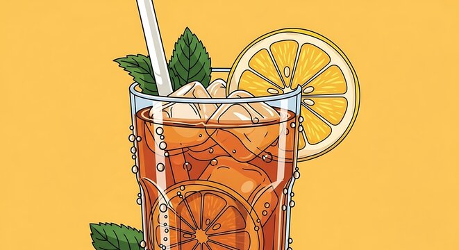 Refreshing Iced Tea with Lemon and Mint on a Warm Yellow Background.