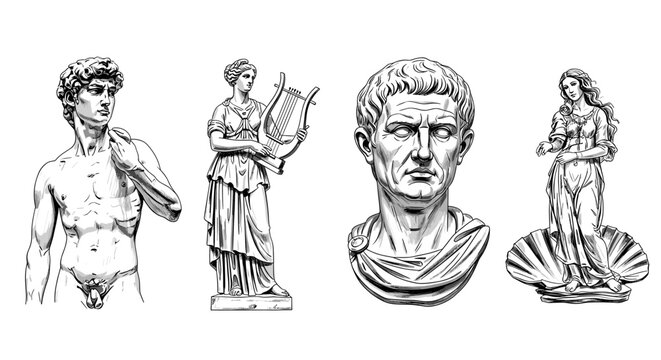 Classical Statues Collection: David, Muse, Emperor and Venus in monochrome
