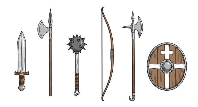 Medieval weaponry: Axe, sword, mace, polearm, shield, and bow and arrow