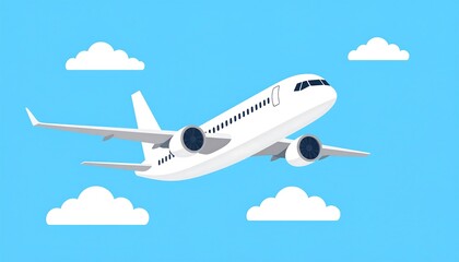Illustration of a White Airplane Flying in a Blue Sky with Clouds