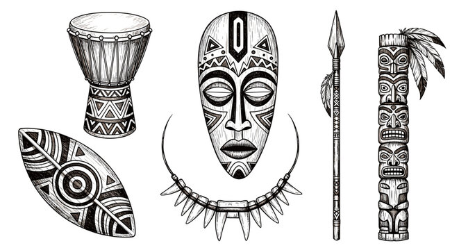 Hand Drawn African Tribal Items Illustration Isolated on White Background