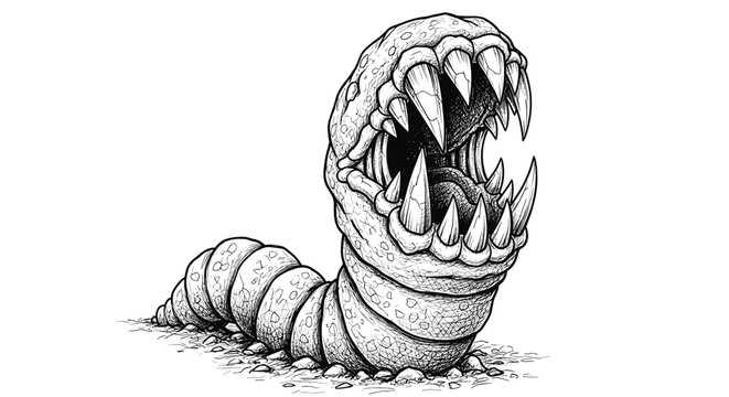 Pen and Ink Drawing of a Monstrous Worm with Teeth