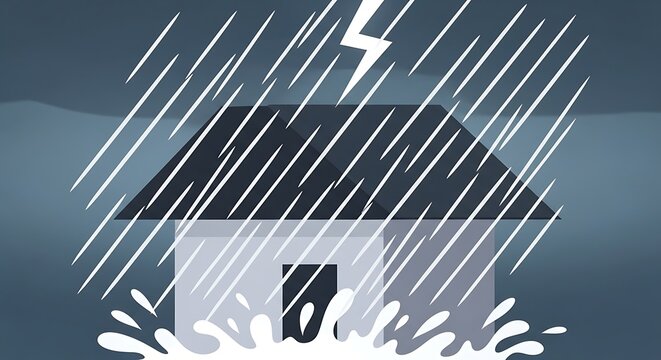 House enduring severe storm with heavy rain and lightning.