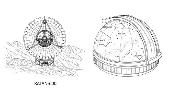 Ratan-600 Telescope and Observatory Dome on White Background Illustration