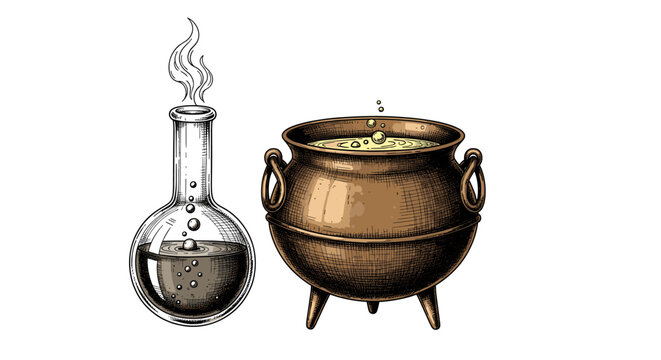 Whimsical Witchcraft: A Cartoon Still Life of Potions and Cauldrons