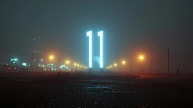 Singles&rsquo; Day twin light pillars: two vertical neon bars forming a non‑literal &ldquo;11&rdquo; on dark; sleek looping banner for 11.11 sales, tech retail and website headers 