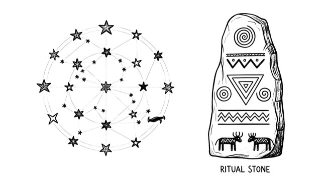Mystical Constellation and Ritual Stone with Ancient Symbols and Glyphs