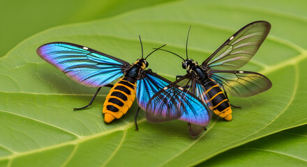 Obraz premium Two stunning moths interacting on a vibrant green leaf closeup shot