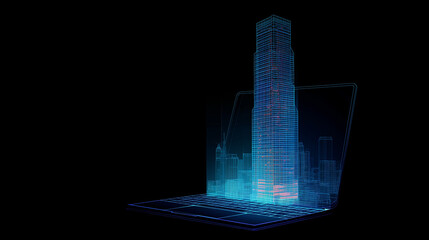 Glowing holographic blueprint of a skyscraper emerging from a laptop, futuristic construction planning theme, neon cinematic