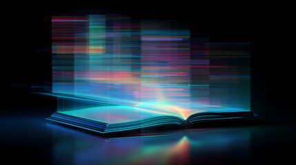 A glowing holographic book projected from a tablet, futuristic digital learning theme, neon cinematic effects