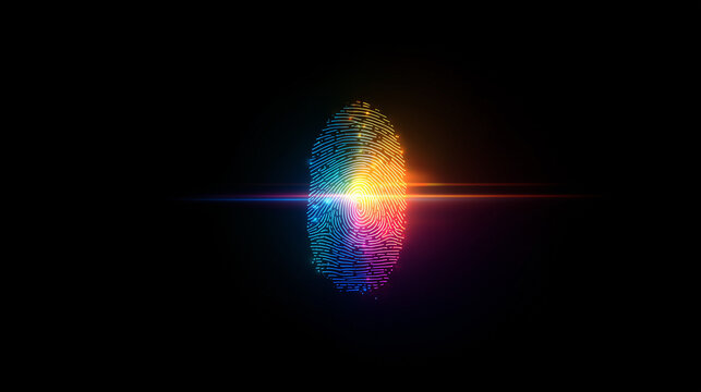 A glowing holographic fingerprint with security code overlay, cybersecurity access theme, futuristic neon glow