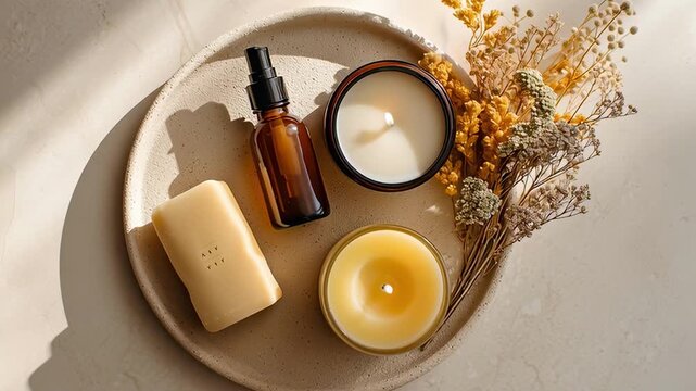 Singles&rsquo; Day self‑care flat lay: skincare bottles, candle and soft towel on warm neutral backdrop; calm minimal loop for beauty promos and wellness headers