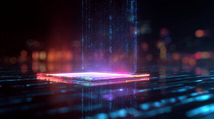 A holographic glowing shield floating above a tablet with binary code background, cybersecurity theme, neon cinematic effects