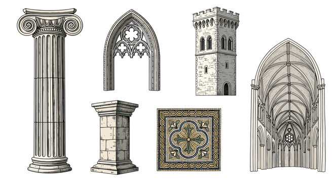 Architectural Illustrations Showcase Ancient and Medieval Building Elements