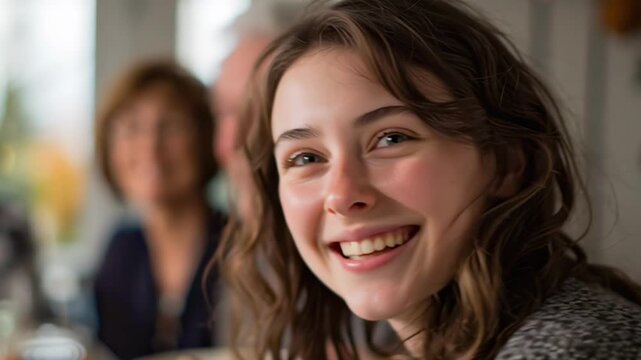 Thanksgiving family gathering: candid smiles around the table in warm golden light; heartfelt loop for holiday ads, greeting headers and lifestyle campaigns